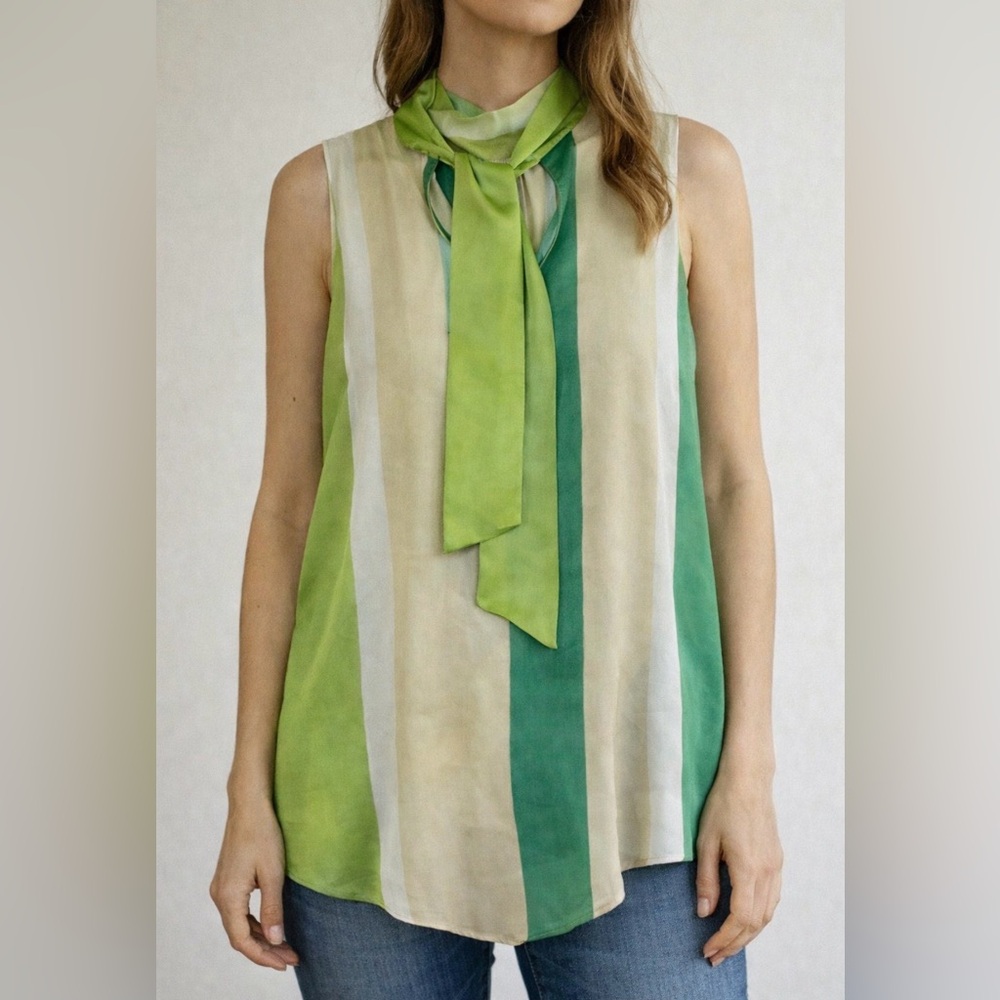 New Zara Satin Striped Back Tie Bow Sleeveless Asymmetric Tunic Blouse Top